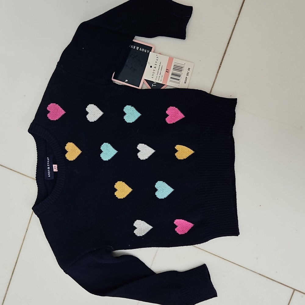 NWT Navy Heart Sweater and Pink Leggings Set By‎ Andy And Evan 2T - Picture 3 of 7